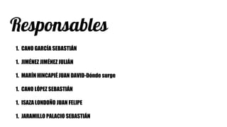 Responsables
1. CANO GARCÍA SEBASTIÁN
1. JIMÉNEZ JIMÉNEZ JULIÁN
1. MARÍN HINCAPIÉ JUAN DAVID-Dónde surge
1. CANO LÓPEZ SEBASTIÁN
1. ISAZA LONDOÑO JUAN FELIPE
1. JARAMILLO PALACIO SEBASTIÁN
 