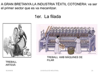 LA REVOLUCIÓ INDUSTRIAL 23BUXAWEB
1er. La filada
A GRAN BRETANYA LA INDUSTRIA TÈXTIL COTONERA: va ser
el primer sector que es va mecanitzar.
TREBALL
ARTESÀ
TREBALL AMB MÀQUINES DE
FILAR
 