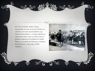 El 14 de noviembre Toribio Ortega, acompañado de cerca de setenta hombres, se adelantó en la lucha armada debido a que había sido descubierto y se había ordenado su aprehensión,  [] por lo que se rebeló contra el gobierno federal en la localidad de Cuchillo Parado, en el estado de Chihuahua, uniéndose posteriormente a otro grupo rebelde maderista 