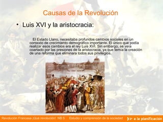 Causas de la Revolución  Luis XVI y la aristocracia: El Estado Llano, necesitaba profundos cambios sociales en un contexto de crecimiento demográfico importante. El único que podía realizar esos cambios era el rey Luis XVI. Sin embargo, se veía coartado por las presiones de la aristocracia, ya que temía la creación de una reforma que eliminara todos sus privilegios.  .   