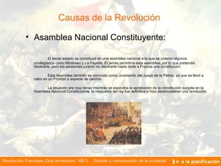 Causas de la Revolución  Asamblea Nacional Constituyente: El tercer estado se constituyó en una asamblea nacional a la que se unieron algunos privilegiados como Mirabeau y La Fayette. Él jamás permitiría esta asamblea, por lo que pretendió disolverla, pero los asistentes juraron no disolverla hasta darle a Francia una constitución. Esta Asamblea también es conocida como Juramento del Juego de la Pelota, ya que se llevó a cabo en un Frontón o especie de cancha. La situación era muy tensa mientras se esperaba la aprobación de la constitución surgida en la Asamblea Nacional Constituyente, la respuesta del rey fue definitiva e hizo desencadenar una revolución.    