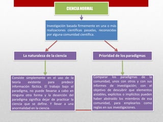 CIENCIANORMAL
Investigación basada firmemente en una o más
realizaciones científicas pasadas, reconocidas
por alguna comunidad científica.
La naturaleza de la ciencia
Consiste simplemente en el uso de la
teoría existente para predecir
información fáctica. El trabajo bajo el
paradigma, no puede llevarse a cabo en
ninguna otra forma y la deserción del
paradigma significa dejar de practicar la
ciencia que se define. Y llevar a una
anormalidad en la ciencia.
Prioridad de los paradigmas
Comparar los paradigmas de la
comunidad, unos con otros y con sus
informes de investigación; con el
objetivo de descubrir que elementos
aislables, explícitos o implícitos pueden
haber abstraído los miembros de esa
comunidad, para emplearlos como
reglas en sus investigaciones.
 