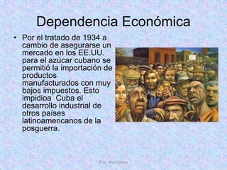 Dependencia Económica
• Por el tratado de 1934 a
cambio de asegurarse un
mercado en los EE.UU.
para el azúcar cubano se
permitió la importación de
productos
manufacturados con muy
bajos impuestos. Esto
impidioa Cuba el
desarrollo industrial de
otros países
latinoamericanos de la
posguerra.
Prof. Ana Codina
 