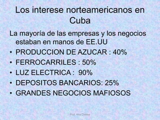 Los interese norteamericanos en
Cuba
La mayoría de las empresas y los negocios
estaban en manos de EE.UU
• PRODUCCION DE AZUCAR : 40%
• FERROCARRILES : 50%
• LUZ ELECTRICA : 90%
• DEPOSITOS BANCARIOS: 25%
• GRANDES NEGOCIOS MAFIOSOS
Prof. Ana Codina
 