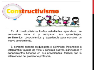 En el constructivismo los/las estudiantes aprendices, se
comunican entre si y comparten sus aprendizajes,
sentimientos, conocimientos y experiencia para construir un
nuevo conocimiento.
El personal docente es guía para el alumnado, instándoles a
intercambiar puntos de vista y construir nuevos significados y
conocimientos basados en sus necesidades, todavía con la
intervención del profesor o profesora.
 