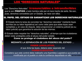 Los “Derechos Naturales” irrenunciables e intransferibles
que le son PROPIOS a todo hombre sólo por el mero hecho de serlo. No son,
pues, derechos concedidos por un Estado, se nace con ellos.
LOS “DERECHOS NATURALES”
EL PAPEL DEL ESTADO ES GARANTIZAR LOS DERECHOS NATURALES
El Estado tiene la tarea de concretar los “derechos naturales” mediante leyes
escritas (es su labor legislativa) así como velar para que estas leyes sean
cumplidas y, en caso de disputa, debe proporcionar un sistema judicial (es su
labor judicial) que garantice la solución de las mismas.
El Estado debe respetar los “derechos naturales”, al tiempo que los ciudadanos
deben estar protegidos ante el abuso del poder estatal.
Como se protege el ciudadano del abuso del poder?
Profa. Ana Codina
MEDIANTE LA SEPARACIÓN DE LOS PODERES DEL ESTADO …
PODER LEGISLATIVO,
el que dicta las leyes, debera estar separado del
PODER EJECUTIVO
Considera que este control debe realizarlo una Asamblea Legislativa que pueda ser
modificada por el pueblo si viola la confianza depositada en ella.
 