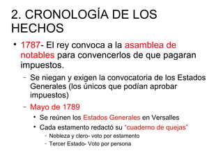 2. CRONOLOGÍA DE LOS
HECHOS

1787- El rey convoca a la asamblea de
notables para convencerlos de que pagaran
impuestos.
− Se niegan y exigen la convocatoria de los Estados
Generales (los únicos que podían aprobar
impuestos)
− Mayo de 1789

Se reúnen los Estados Generales en Versalles

Cada estamento redactó su “cuaderno de quejas”
− Nobleza y clero- voto por estamento
− Tercer Estado- Voto por persona
 