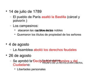
14 de julio de 1789
− El pueblo de París asaltó la Bastilla (cárcel y
polvorín )
− Los campesinos:

atacaron los castillos de los nobles

Quemaron los títulos de propiedad de los señores

4 de agosto
− La Asamblea abolió los derechos feudales

26 de agosto
− Se aprobó la Declaración del Hombre y del
Ciudadano:

Libertades personales
“EL GRAN MIEDO

Fin del absolutismo

TRIUNFO DE LA REVOLUCIÓN LIBERAL
 