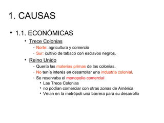 1. CAUSAS

1.1. ECONÓMICAS

Trece Colonias
− Norte: agricultura y comercio
− Sur: cultivo de tabaco con esclavos negros.

Reino Unido
− Quería las materias primas de las colonias.
− No tenía interés en desarrollar una industria colonial.
− Se reservaba el monopolio comercial

Las Trece Colonias

no podían comerciar con otras zonas de América

Veían en la metrópoli una barrera para su desarrollo
 