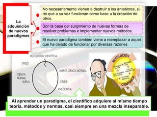 La
La
adquisición
adquisición
de nuevos
de nuevos
paradigmas
paradigmas

No necesariamente vienen a destruir a los anteriores, si
no que a su vez funcionan como base a la creación de
otros.

Son la base del surgimiento de nuevas formas de
resolver problemas e implementar nuevos métodos.
El nuevo paradigma también viene a reemplazar a aquel
que ha dejado de funcionar por diversas razones

Al aprender un paradigma, el científico adquiere al mismo tiempo
teoría, métodos y normas, casi siempre en una mezcla inseparable.
Page 15

 