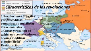 Características de las revoluciones 
1.Revoluciones liberales 
y sociales.Ideas 
comunistas y socialistas 
2.Nacionalistas 
3.Cortas y resultan en 
gobiernos conservadores 
4.Van a modificar 
el orden de la 
Restauración 
 