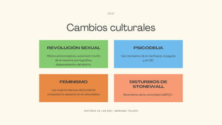 Cambios culturales
Píldora anticonceptiva, automóvil, triunfo
de la industria pornográfica,
despenalización del aborto.
REVOLUCIÓN SEXUAL
Uso recreativo de la marihuana, el peyote
y el LSD.
PSICODELIA
Movimiento de la comunidad LGBTQ+-
DISTURBIOS DE
STONEWALL
Las mujeres blancas deOccidente
conquistaron espacios en la vida pública.
FEMINISMO
15/17
H I S T O R I A D E L A S R R I I | M A R I A N A T O L E D O
 