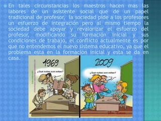  En tales circunstancias los maestros hacen mas las
labores de un asistente social que de un papel
tradicional de profesor, la sociedad pide a los profesores
un esfuerzo de integración pero al mismo tiempo la
sociedad debe apoyar y revalorizar el esfuerzo del
profesor, modificando su formación inicial y sus
condiciones de trabajo, el conflicto actualmente es por
que no entendemos el nuevo sistema educativo, ya que el
problema esta en la formación inicial y esta se da en
casa.
 