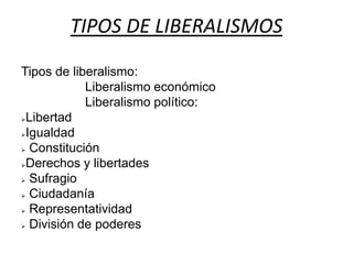 TIPOS DE LIBERALISMOS 
Tipos de liberalismo: 
Liberalismo económico 
Liberalismo político: 
Libertad 
Igualdad 
 Constitución 
Derechos y libertades 
 Sufragio 
 Ciudadanía 
 Representatividad 
 División de poderes 
 