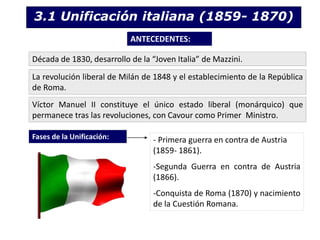 3.1 Unificación italiana (1859- 1870)
Década de 1830, desarrollo de la “Joven Italia” de Mazzini.
La revolución liberal de Milán de 1848 y el establecimiento de la República
de Roma.
ANTECEDENTES:
Víctor Manuel II constituye el único estado liberal (monárquico) que
permanece tras las revoluciones, con Cavour como Primer Ministro.
- Primera guerra en contra de Austria
(1859- 1861).
-Segunda Guerra en contra de Austria
(1866).
-Conquista de Roma (1870) y nacimiento
de la Cuestión Romana.
Fases de la Unificación:
 