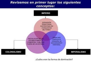 Revisemos en primer lugar los siguientes
conceptos:
IMPERIO
IMPERIALISMOCOLONIALISMO
EXPANSIÓN
TERRITORIAL
SUSTENTADA EN
CONQUISTAS
MILITARES.
INSTALACIÓN DE UN
ESTABLECIMIENTO
COMERCIAL O MILITAR
FUERA DE UN ESTADO.
FORMA MÁS
COMPLEJA DE
EXPANSIÓN, NO
NECESARIAMENTE
TERRITORIAL.
¿Cuáles eran las formas de dominación?
 