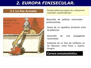 2. EUROPA FINISECULAR.
2.1 La Paz Armada
Desarrollo de políticas comerciales
proteccionistas.
Deseo de un equilibrio territorial entre
las potencias.
Desarrollo de una propaganda
nacionalista.
Existencia de un foco de conflictos en
los Balcanes, entre Rusia y Austria-
Hungría
Período político que siguió a las unificaciones
nacionales, caracterizado por:
Carrera armamentística.
 