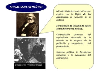 SOCIALISMO CIENTÍFICO
Método dialéctico materialista que
explica, por la lógica de las
oposiciones, la evolución de la
historia.
Formulación de la lucha de clases
como motor de la historia.
Contradicción principal del
capitalismo: desarrollo de la
miseria de la mayoría de la
población y surgimiento del
proletariado.
Solución política: la Revolución
Socialista y la superación del
capitalismo.
CARLOS MARX Y FEDERICO ENGELS
 
