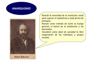 Mijail Bakunin
Postuló la necesidad de la revolución social
para superar el capitalismo y toda forma de
jerarquía.
Postuló como método de lucha la huelga
general, el boicot de la producción y las
barricadas.
Consideró como ideal de sociedad la libre
cooperación de los individuos y grupos
sociales.
ANARQUISMO
 