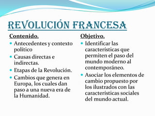 Revolución francesa
Contenido.                   Objetivo.
 Antecedentes y contexto     Identificar las
  político      ...
