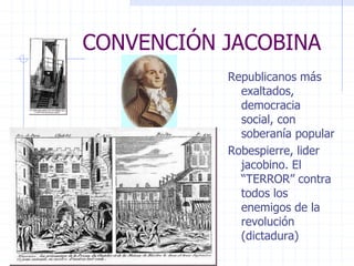 CONVENCIÓN JACOBINA
Republicanos más
exaltados,
democracia
social, con
soberanía popular
Robespierre, lider
jacobino. El
“TERROR” contra
todos los
enemigos de la
revolución
(dictadura)
 