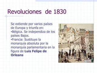 Revoluciones de 1830
Se extiende por varios países
de Europa y triunfa en:
•Bélgica. Se independiza de los
países Bajos.
•Francia: Sustituye la
monarquía absoluta por la
monarquía parlamentaria en la
figura de Luis Felipe de
Orleans
 