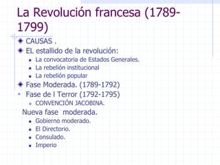 La Revolución francesa (1789-
1799)
CAUSAS .
EL estallido de la revolución:
 La convocatoria de Estados Generales.
 La rebelión institucional
 La rebelión popular
Fase Moderada. (1789-1792)
• Fase de l Terror (1792-1795)
 CONVENCIÓN JACOBINA.
Nueva fase moderada.
 Gobierno moderado.
 El Directorio.
 Consulado.
 Imperio
 