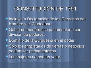 CONSTITUCIÓN DE 1791CONSTITUCIÓN DE 1791
Incluye la Declaración de los Derechos delIncluye la Declaración de los Derechos del
Hombre y el Ciudadano.Hombre y el Ciudadano.
Gobierno monárquico parlamentario conGobierno monárquico parlamentario con
división de poderes.división de poderes.
Dominio de la Burguesía en el poder.Dominio de la Burguesía en el poder.
Sólo los propietarios de tierras o negociosSólo los propietarios de tierras o negocios
podían ser parlamentarios.podían ser parlamentarios.
Las mujeres no podían votar.Las mujeres no podían votar.
 