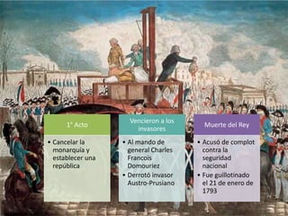 1° Acto
• Cancelar la
monarquía y
establecer una
república
Vencieron a los
invasores
• Al mando de
general Charles
Francois
Domouriez
• Derrotó invasor
Austro-Prusiano
Muerte del Rey
• Acusó de complot
contra la
seguridad
nacional
• Fue guillotinado
el 21 de enero de
1793
 