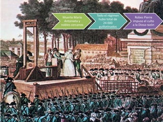 Muerte María
Antonieta y
nobles cercanos
Todo el régimen
hubo total de
24 000
guillotinados
Robes Pierre
impuso el culto
a la Diosa razón
 