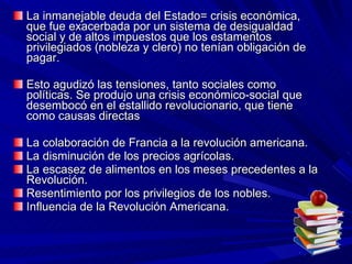 La inmanejable deuda del Estado= crisis económica, que fue exacerbada por un sistema de desigualdad social y de altos impuestos que los estamentos privilegiados (nobleza y clero) no tenían obligación de pagar.  Esto agudizó las tensiones, tanto sociales como políticas. Se produjo una crisis económico-social que desembocó en el estallido revolucionario, que tiene como causas directas La colaboración de Francia a la revolución americana.  La disminución de los precios agrícolas.  La escasez de alimentos en los meses precedentes a la Revolución.  Resentimiento por los privilegios de los nobles. Influencia de la Revolución Americana.  