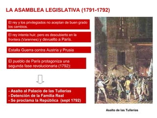 El pueblo de París protagoniza una
segunda fase revolucionaria (1792):
El rey y los privilegiados no aceptan de buen grado
los cambios.
El rey y los privilegiados no aceptan de buen grado
los cambios.
- Asalto al Palacio de las Tullerías
- Detención de la Familia Real
- Se proclama la República (sept 1792)
Estalla Guerra contra Austria y PrusiaEstalla Guerra contra Austria y Prusia
LA ASAMBLEA LEGISLATIVA (1791-1792)
Asalto de las Tullerías
El rey intenta huir, pero es descubierto en la
frontera (Varennes) y devuelto a París.
El rey intenta huir, pero es descubierto en la
frontera (Varennes) y devuelto a París.
 