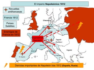 Revueltas
antifrancesas
El imperio Napoleónico 1812
Francia 1812
Países
Satélites
Enemigos de
Francia en 1812
Expansiónde
Napoleón
Derrotas importantes de Napoleón tras 1812 (España, Rusia)
Cataluña Etruria
P.
Bajos
Ducado
Varsovia
Confedar.
del Rhin
R. Nápoles
R. Westf. Prusia
Saboya
Conf.
Helvet
R.Italia
R. España
 
