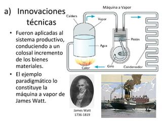 Innovaciones técnicas Fueron aplicadas al sistema productivo, conduciendo a un colosal incremento de los bienes materiales. El ejemplo paradigmático lo constituye la máquina a vapor de James Watt. James Watt 1736-1819 Máquina a Vapor 