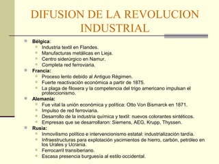DIFUSION DE LA REVOLUCION 
INDUSTRIAL 
 Bélgica: 
 Industria textil en Flandes. 
 Manufacturas metálicas en Lieja. 
 Centro siderúrgico en Namur. 
 Completa red ferroviaria. 
 Francia: 
 Proceso lento debido al Antiguo Régimen. 
 Fuerte reactivación económica a partir de 1875. 
 La plaga de filoxera y la competencia del trigo americano impulsan el 
proteccionismo. 
 Alemania: 
 Fue vital la unión económica y política: Otto Von Bismarck en 1871. 
 Impulso de red ferroviaria. 
 Desarrollo de la industria química y textil: nuevos colorantes sintéticos. 
 Empresas que se desarrollaron: Siemens, AEG, Krupp, Thyssen. 
 Rusia: 
 Inmovilismo político e intervencionismo estatal: industrialización tardía. 
 Infraestructuras para explotación yacimientos de hierro, carbón, petróleo en 
los Urales y Ucrania. 
 Ferrocarril transiberiano. 
 Escasa presencia burguesía al estilo occidental. 
 