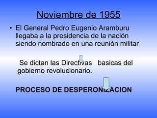 Noviembre de 1955 El General Pedro Eugenio Aramburu llegaba a la presidencia de la nación siendo nombrado en una reunión militar Se dictan las Directivas  basicas del  gobierno revolucionario. PROCESO DE DESPERONIZACION   