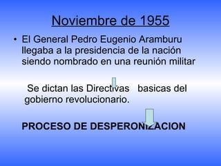 Noviembre de 1955 <ul><li>El General Pedro Eugenio Aramburu llegaba a la presidencia de la nación siendo nombrado en una r...