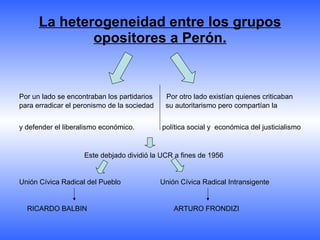 La heterogeneidad entre los grupos opositores a Perón. <ul><li>Por un lado se encontraban los partidarios  Por otro lado e...