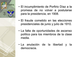 • El incumplimiento de Porfirio Díaz a la
promesa de no volver a postularse
para la presidencia, en 1908.
• El fraude cometido en las elecciones
presidenciales de junio y julio de 1910.
• La falta de oportunidades de ascenso
político para los miembros de la clase
media.
• La anulación de la libertad y la
democracia.
 