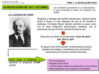 LA REVOLUCIÓN DE 1917: OCTUBRE Las cuestiones pendientes no se solucionaban, lo que aumentaba el estado de crispación del pueblo LA LLEGADA DE LENIN Dirigente e ideólogo del partido bolchevique, regresó desde Suiza a Rusia un mes después de que el zar Nicolás II abdicase. El Estado Mayor alemán permitió su paso, junto con el otros dirigentes bolcheviques exiliados, con la esperanza de que el frente oriental firmase la paz. El apoyo muto entre soviets y bolcheviques provocó oleadas de huelgas y manifestaciones duramente reprimidas por el primer ministro Kerensky Lenin huyó a Finlandia y presenta el programa de su partido Fin de la guerra Reparto de la tierra Control obrero sobre la producción y el comercio Nacionalización de la banca y la industria Resumió sus ideas en las llamadas  Tesis de abril :   paz, tierra y pan 