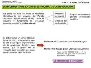 EL NACIMIENTO DE LA URSS: EL TRIUNFO DE LA REVOLUCIÓN En enero de 1918 se reúne la Asamblea Constituyente con mayoría del Partido Socialista Revolucionario (PSR). Lenin la disuelve y fundamenta la revolución comunista soviética en  dos pilares: Poder de los soviets Dictadura del proletariado En julio se aprueba la primera constitución soviética El gobierno fija un primer objetivo: firmar la paz. Lenin pensaba que la paz era asegurar la pervivencia de la revolución. Trostky, más radical, que la guerra era el vehículo para exportar las ideas revolucionarias fuera de Rusia.  Diciembre 1917: armisticio con Austria-Hungría Marzo 1918:  Paz de Brest-Litovsk  con Alemania Rusia perdía 800.000 km2 y ¼ de población, más gran parte de los recursos económicos e industriales. Se había salvado la Revolución 