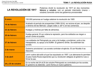 LA REVOLUCIÓN DE 1917 Podemos dividir la revolución de 1917 en dos momentos:  febrero y octubre , con un periodo intermedio (marzo – octubre) conocido como los gobiernos provisionales 8 enero 150.000 personas en huelga celebran la revolución de 1905  16 de febrero Acabado el período de prosperidad (1906-1914), se raciona el pan, se despide a obreros de las fábricas. Largas colas a -20º C en los comercios. 23 de febrero Huelgas y motines por falta de alimentos. 25 de febrero Huelga general. El zar ordena la represión, pero los soldados se niegan a actuar contra el pueblo. 27 de febrero Los soldados de Petrogrado se unen a la huelga y proclaman, junto a los trabajadores, su apoyo a la DUMA. El gobierno dimite. Se extienden los soviets. 2 de marzo Gobierno provisional. Los soviets controlan el ejército. El zar Nicolás II es depuesto. 3 de abril Lenin vuelve del exilio al que fue expulsado en 1907. Los alemanes le permiten el paso hasta Rusia esperando que su revolución obligase al gobierno ruso a firmar la paz. 24 y 25 de octubre En la noche del 24 al 25 de octubre Petrogrado es controlada por los soviets. El gobierno es detenido. Lenin forma un nuevo gobierno. 