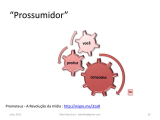 “Prossumidor”




Prometeus - A Revolução da mídia : http://migre.me/31aR
  julho 2010                   fábio flatschart - fabioflat@gmail.com   20
 