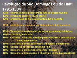 Revolução de São Domingos ou do Haiti
1791-1804
1788 – colónia francesa produtora de 40% do açúcar mundial
1791 – revolta de escravos (22de agosto)
1793 – proclamação do fim da escravatura (29 de agosto)
1794 – abolição da escravatura por Robespierre (4 de fevereiro)
1798 – Toussaint Louverture derrota as tropas coloniais britânicas
1801 – Constituição do Haiti
1802 - Toussaint Louverture é traído pelos franceses e enviado para
França onde morre
1803 – Dessalines derrota os franceses na batalha de Vertières.
1804 – Declaração de independência do Haiti
1805 – Dessalines é proclamado imperador Jacques I
1806 – Dessalines é assassinado; a ilha divide-se em duas repúblicas
 