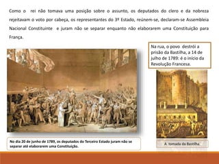 No dia 20 de junho de 1789, os deputados do Terceiro Estado juram não se
separar até elaborarem uma Constituição.
Na rua, o povo destrói a
prisão da Bastilha, a 14 de
julho de 1789: é o início da
Revolução Francesa.
A tomada da Bastilha.
Como o rei não tomava uma posição sobre o assunto, os deputados do clero e da nobreza
rejeitavam o voto por cabeça, os representantes do 3º Estado, reúnem-se, declaram-se Assembleia
Nacional Constituinte e juram não se separar enquanto não elaborarem uma Constituição para
França.
 