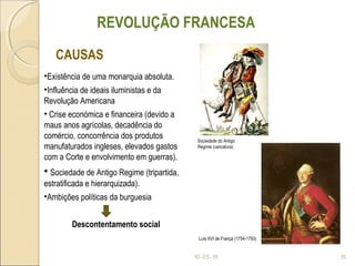 10-05-15 15
REVOLUÇÃO FRANCESA
CAUSAS
•Existência de uma monarquia absoluta.
•Influência de ideais iluministas e da
Revolução Americana
• Crise económica e financeira (devido a
maus anos agrícolas, decadência do
comércio, concorrência dos produtos
manufaturados ingleses, elevados gastos
com a Corte e envolvimento em guerras).
• Sociedade de Antigo Regime (tripartida,
estratificada e hierarquizada).
•Ambições políticas da burguesia
Descontentamento social
Luís XVI de França (1754-1793)
Sociedade do Antigo
Regime (caricatura)
 