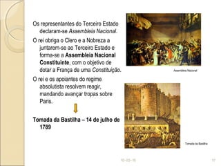Os representantes do Terceiro Estado
declaram-se Assembleia Nacional.
O rei obriga o Clero e a Nobreza a
juntarem-se ao Terceiro Estado e
forma-se a Assembleia Nacional
Constituinte, com o objetivo de
dotar a França de uma Constituição.
O rei e os apoiantes do regime
absolutista resolvem reagir,
mandando avançar tropas sobre
Paris.
Tomada da Bastilha – 14 de julho de
1789
10-05-15 17
Assembleia Nacional
Tomada da Bastilha
 
