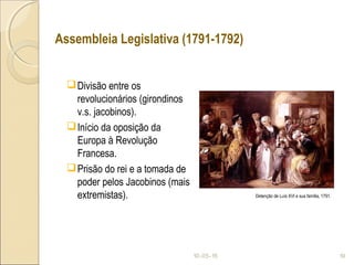 Assembleia Legislativa (1791-1792)
Divisão entre os
revolucionários (girondinos
v.s. jacobinos).
Início da oposição da
Europa à Revolução
Francesa.
Prisão do rei e a tomada de
poder pelos Jacobinos (mais
extremistas).
10-05-15 19
Detenção de Luís XVI e sua família, 1791.
 