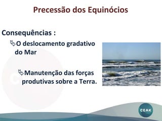 Consequências :
O deslocamento gradativo
do Mar
Manutenção das forças
produtivas sobre a Terra.
Precessão dos Equinócios
 