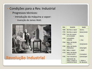    Condições para a Rev. Industrial
    ◦ Progressos técnicos:
       Introdução da máquina a vapor:
         ◦ Invenção de James Watt.




Revolução Industrial
 